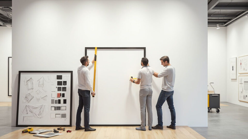 photograph showing art installers preparing a space for an art installation.